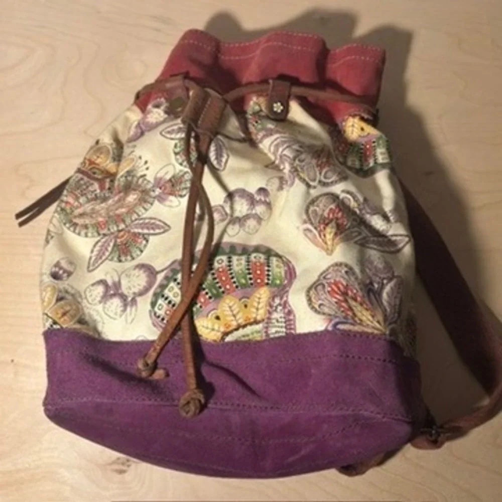 Lucky Brand Backpack Multicolor Floral Suede Canvas Drawstring Boho Skool Laptop